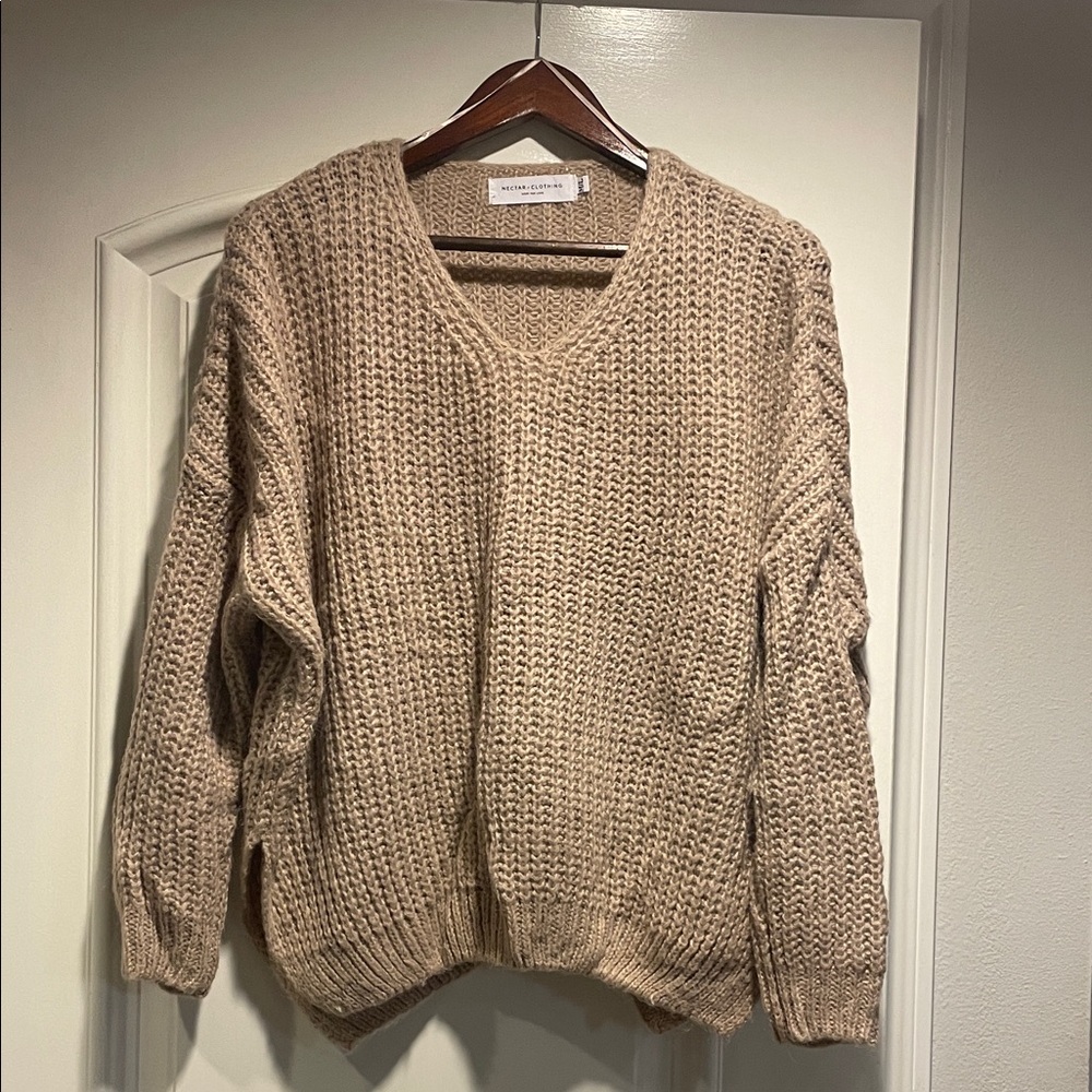 V-Neck Knit Sweater in Beige